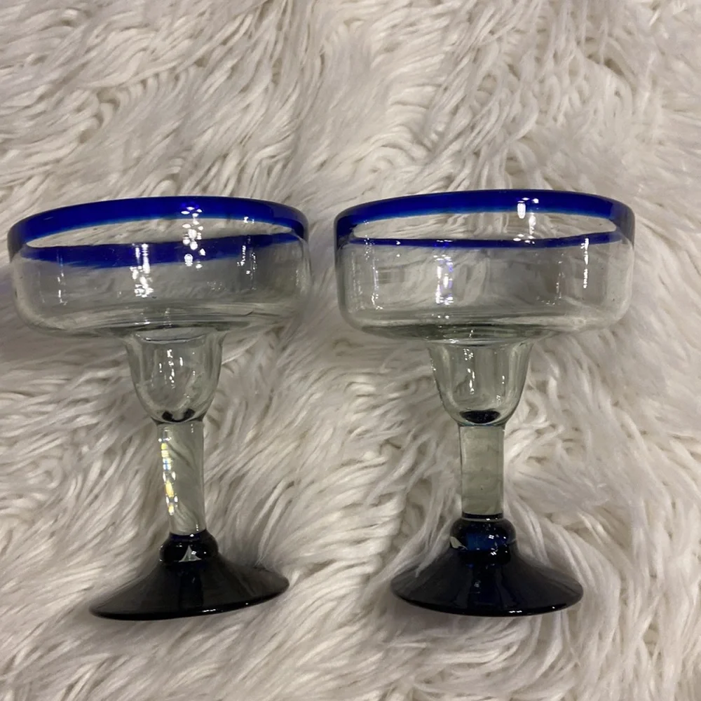 Set Of Two Margarita Glasses Hand Blown Mexican Glass Barware Blue Rim And Base